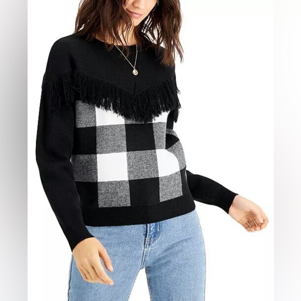 BAR III Buffalo Check Sweater, Black/White